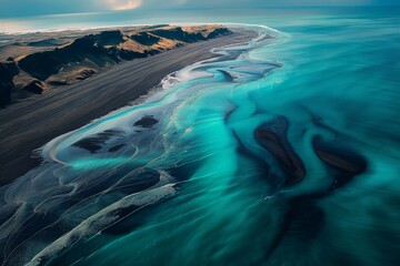 Wall Mural - AI generated illustration of an aerial view of blue ocean waves and a sandy beach