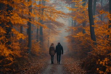 Wall Mural - AI generated illustration of a couple strolling on a leaf-covered path towards a forest