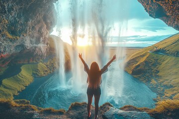 Wall Mural - AI generated illustration of a woman gazing at a waterfall from a cliff's edge