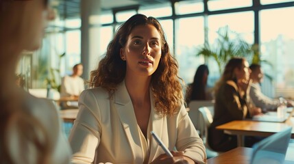 Businesswoman leading a team meeting in a modern office setting