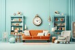 /imagine: prompt living room with couch, chair, bookshelves, and clock on the wall