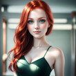 Beautiful girl with long red hair and green eyes. Portrait of a woman in green dress. Spring.
