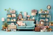 /imagine: prompt living room with a lot of pastel-colored furniture and decorations