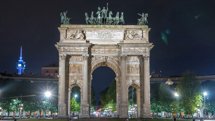 Wall Mural - Arch of Peace in Simplon Square timelapse at night. It is a neoclassical triumph arch