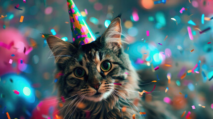 A cat wearing a party hat is sitting among colorful confetti. The feline seems curious and playful in this festive setting