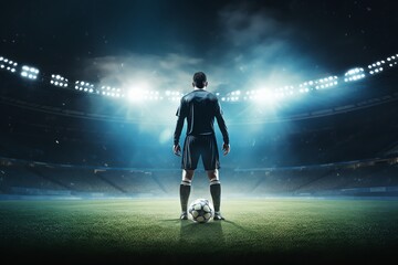 Soccer player taking a penalty kick, stadium lights, midshot