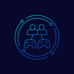 Poster - gamers icon with gamepads and players, linear design