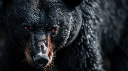 Wall Mural - Black bear angry face with the red eyes, focus, black background background, generated with AI