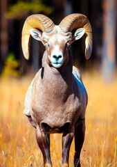 Wall Mural - Hyper realistic full-body portrait of an Aries Ram standing in wilderness, forest backdrop, grrn and orange, is in the style of photorealistic portraits, generated with AI