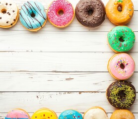 Wall Mural - Colorful donuts on white wooden background. Top view with copy space. Donuts on a Background with Copy Space. 