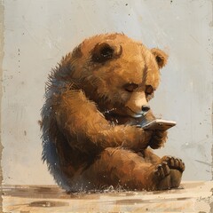 Wall Mural - Sad little lonely cute grizzly bear longingly looking at his phone, generated with AI