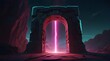 Abstract Portal: Stone Gate Emitting Neon Glow in Dark Space Landscape - Science Fiction Fantasy Art, Surreal Digital Composition, Futuristic Gateway	