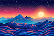 psychedelic dreamworld landscape with stars and mountains in the sunset, fantasy wallpaper art