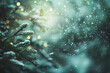 Blurred background of green pine tree with snow and bokeh lights. Christmas card design.