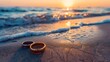 Wedding ring on beach sunset time