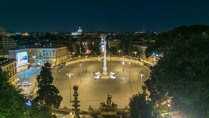 Poster - Aerial view of the large urban square, the Piazza del Popolo night timelapse, Rome