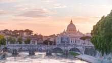St. Peter's Basilica, Saint Angelo Bridge And Tiber River In The Sunset Timelapse
