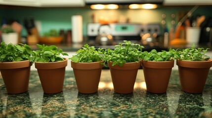 Wall Mural - AI-generated illustration of small potted plants arranged on a granite surface