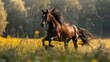 Craft an image capturing the effortless elegance of horses as they gallop with fluidity and poise