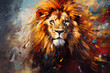 Lion portrait. Oil painting in impressionism style. Horizontal composition.