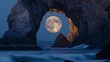 AI-generated illustration of the moon seen through a rock arch in the sea