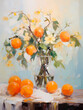 Still life in orange tones. Oil painting in impressionism style. Vertical composition.