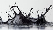 A splash of black paint on a white background. The splash is large and bold