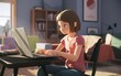 Low Poly Anime Girl Studying on Laptop, Lofi Polygonal Art - Digital Learning, Youth Culture, streaming