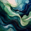 background.an abstract background painted with watercolors, blending teal, blue, and green tones to perfection. The composition should capture the dynamic movement and organic shapes created by the fl