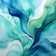 an abstract background painted with watercolors, blending teal, blue, and green tones to perfection. The composition should capture the dynamic movement and organic shapes created by the fluid texture