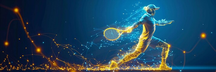 technology in tennis sports, digital yellow low poly tennis player with glowing data streams, ai in 