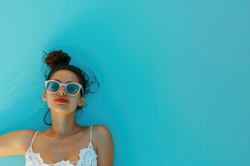 Wall Mural - a girl in bikini wearing sunglasses lounging by the pool in summer, wearing yellow and pink sunglasses.