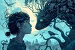A young girl is confronted by a mythical dragon-like creature made of twisted branches and leaves. peaceful confrontation