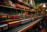 Fototapeta Londyn - A Charming Toy Train Store with Vintage Decor, Wooden Shelves Filled with Colorful Trains, and a Miniature Railway on Display