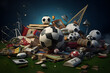 Soccer balls and other equipment for sports games in one pile. World Games Day concept.