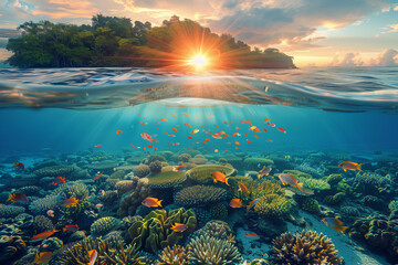 Wall Mural - Selective focus of Colorful coral reefs and tropical islands at sunset Underwater landscape with fish in sea water.