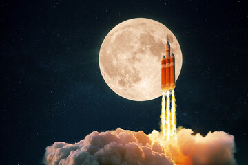 Fototapete - New space rocket with smoke and clouds takes off into the sky with full moon. Shuttle spaceship liftoff. Space Mission Launch Concept.