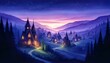 A captivating painting of a tranquil village nestled amidst a picturesque landscape under the soft glow of a full moon.