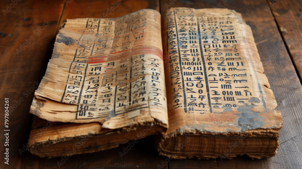 Papyrus Script Files Ancient Egyptian papyrus with hieroglyphs displaying historical script ...