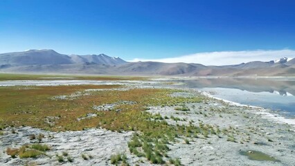 Wall Mural - Mountain lake Tso Kar, aerial view of the Himalayas, Ladakh drone video