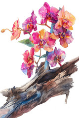 Wall Mural - A watercolor painting of an orchid clinging to a rotten piece of wood.