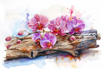 Wall Mural - A watercolor painting of an orchid clinging to a rotten piece of wood.