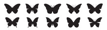 Flying Butterflies Silhouette Black Set Isolated On White Background 