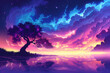 psychedelic dreamworld with a magic sunset and a tree and cosmic sky, fantasy wallpaper art