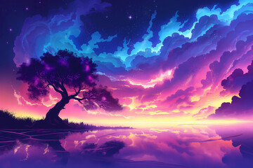 Canvas Print - psychedelic dreamworld with a magic sunset and a tree and cosmic sky, fantasy wallpaper art