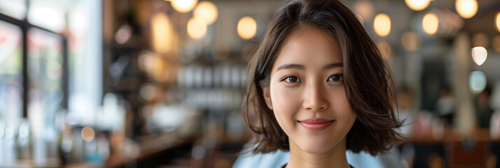 Canvas Print - Asian woman sitting in a barber chair in a beauty salon.