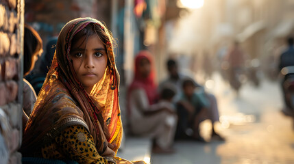 Wall Mural - girls portraits while begging in the walled city streets corners with other people activities of Lahore Pakistan in the morning sun 