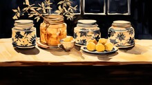 A Watercolor Painting Of A Still Life With Lemons And Jars On A Table.