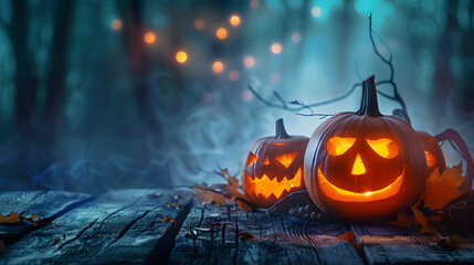 Wall Mural - Illuminated Halloween pumpkins against a pitch-black background. with room for text on a wooden table