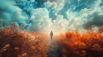 A silhouette of a person stands at the end of a path surrounded by tall wild grasses, bathed in a warm, golden light. The sky above is a vibrant canvas of blues and orange, with dramatic and fluffy wh